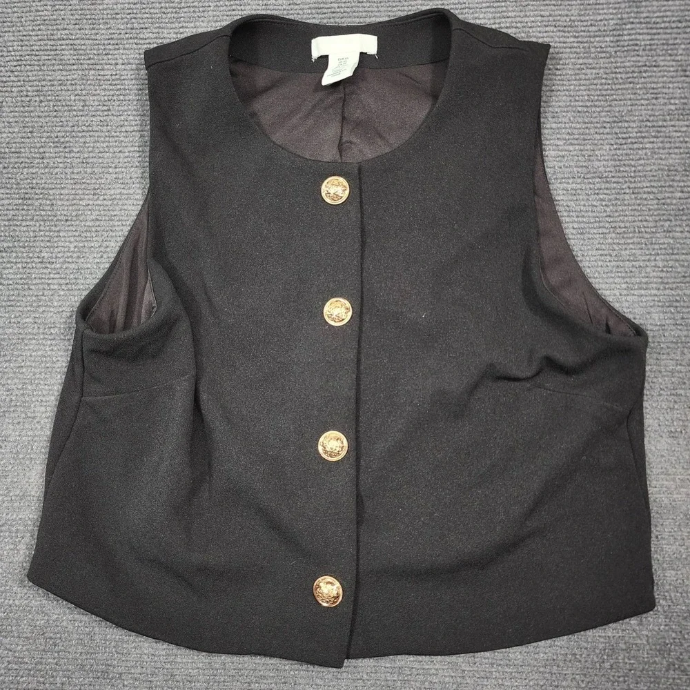 H&M  Cropped Vest Womens XS Black Gold Crest Button Waistcoat Formal